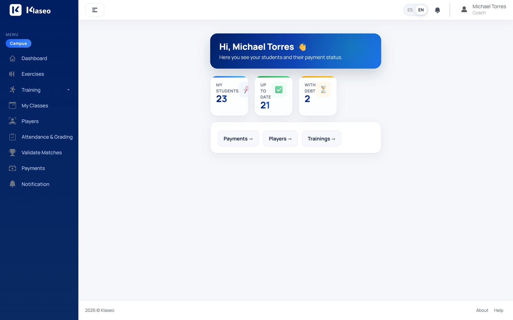 Klaseo coach dashboard on PC